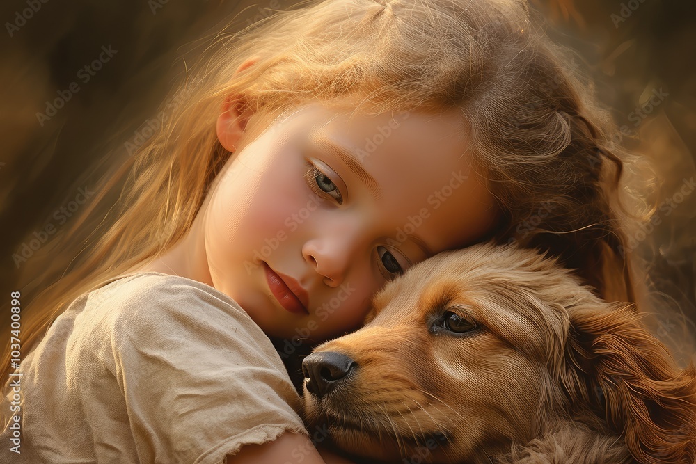 A tender moment unfolds as a young girl embraces her golden retriever puppy radiating love and warmth in a serene outdoor environment during sunset A tender moment unfolds as a young girl embraces her golden retriever puppy radiating love and warmth in a serene outdoor environment during sunset