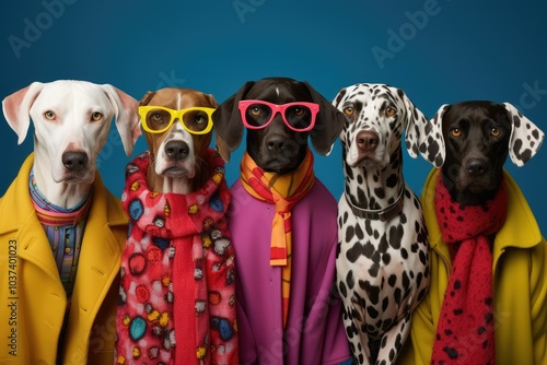 Five fashionable dogs wear colorful clothing and accessories showcasing their unique styles in a playful fashion moment. The atmosphere is lively and whimsical photo