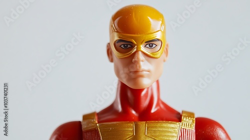 Articulated action figure doll in a superhero costume, isolated on a white background photo