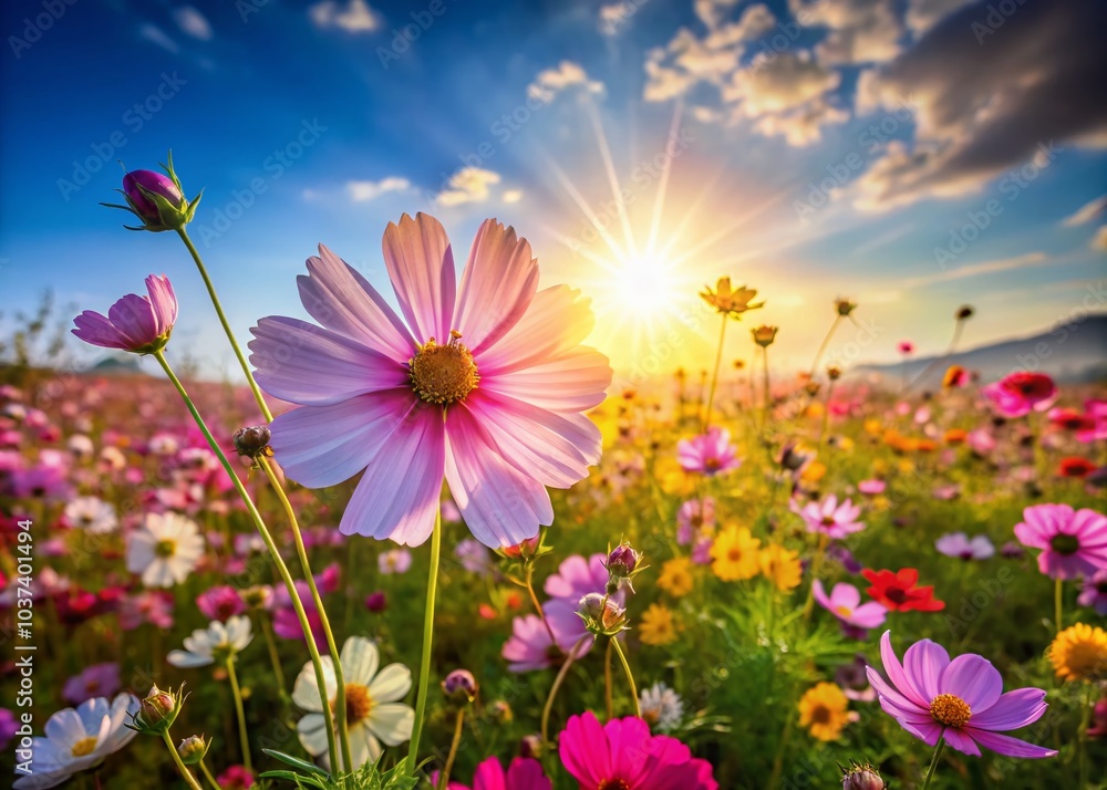 Tilt-Shift Photography of Cosmos Flowers in a Vibrant Field Tilt-Shift Photography of Cosmos Flowers in a Vibrant Field