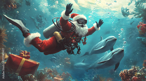 A Santa Claus scuba diving with dolphins, delivering underwater presents to sea creatures.