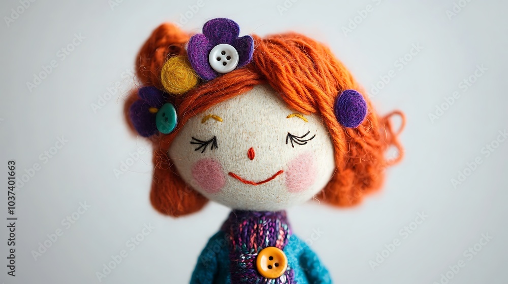 Felt doll with embroidered features and button accessories, isolated on a white background Felt doll with embroidered features and button accessories, isolated on a white background