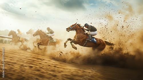 Horse racing action, dirt flying, speed captured