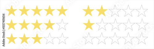 Yellow golden star rating icon vector set, customer review with star rating icon vector set isolated on white background.
