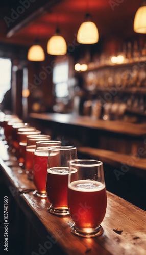 Sparkling beers served at the wooden bar of a brewpub Decorated pub for a Halloween Used for Hallowe photo