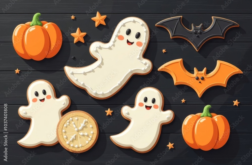 Halloween cookies in the form of pumpkins, ghosts, skeletons, bats on a black wooden table, handmade Halloween cookies in the form of pumpkins, ghosts, skeletons, bats on a black wooden table, handmade