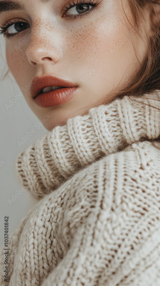 Cozy warmth: close-up of a woman in a knit sweater Cozy warmth: close-up of a woman in a knit sweater