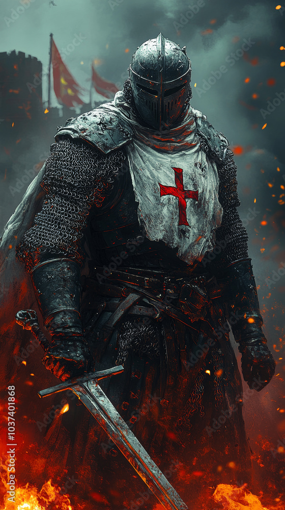 Templar knight in mid-battle, wielding a with resolute strength. Templar knight in mid-battle, wielding a with resolute strength.