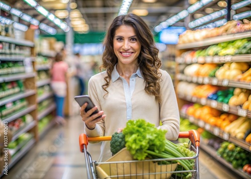 Portrait of happy woman buying groceries in supermarket and looking at camera. Purchasing Goods with Smartphone at Grocery Store. Female customer shopping with smartphone checklist photo