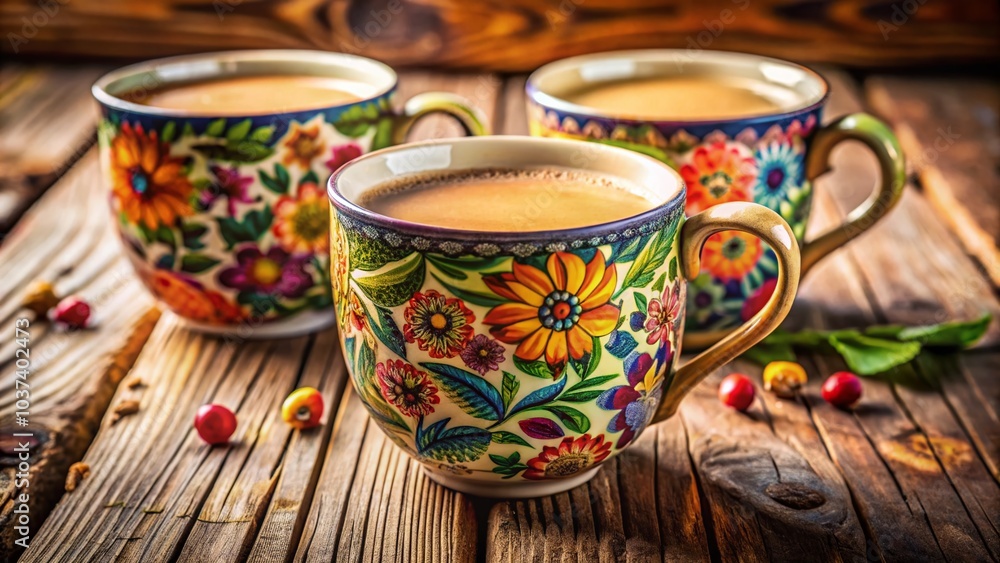 Traditional Masala Chai in Floral Mugs on a Wooden Table - Soft Sunlight Cafe Decor Traditional Masala Chai in Floral Mugs on a Wooden Table - Soft Sunlight Cafe Decor