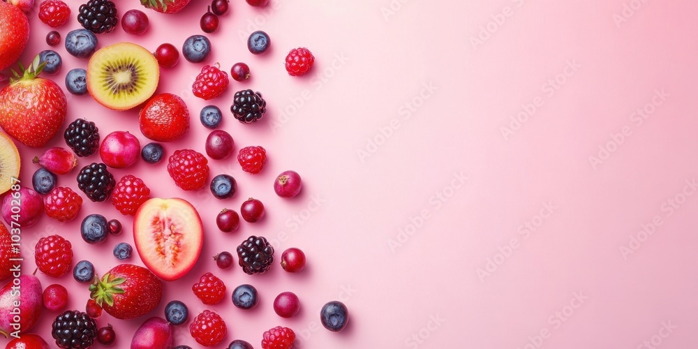 Fresh mixed berries and fruits on pink background: a vibrant and healthy summer spread Fresh mixed berries and fruits on pink background: a vibrant and healthy summer spread