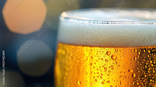 close up of frosty beer pint, showcasing golden liquid and bubbles, evokes refreshing and inviting atmosphere