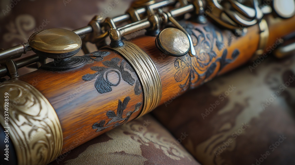 wooden clarinet with intricate engravings and a warm wooden clarinet with intricate engravings and a warm