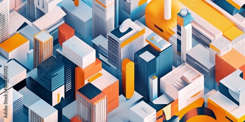 Modern city buildings with abstract shapes, drawn in 3D