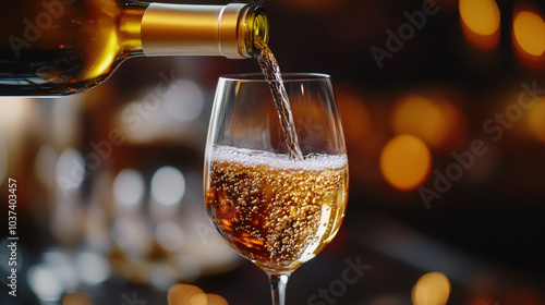 Wallpaper Mural close up of wine pouring from bottle into glass, capturing effervescence and rich color of beverage. warm bokeh background adds festive atmosphere Torontodigital.ca