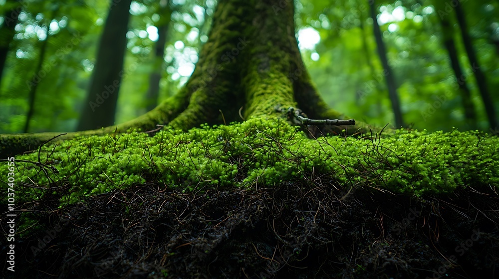 A close-up of a moss-covered tree root, showcasing the vibrant greens and intricate textures of the forest floor, surrounded by tall trees in a serene, natural setting.