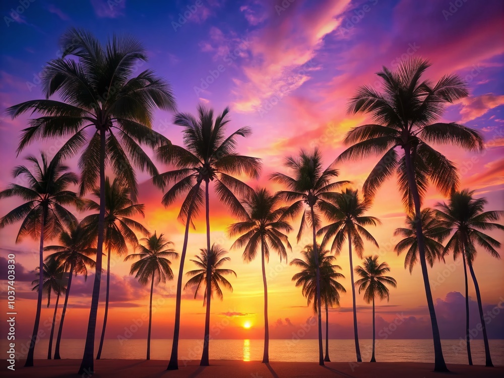 Naklejka premium Tropical Serenity at Dusk: Palm Silhouettes Against a Pastel Sunset for Peaceful Summer Vibes