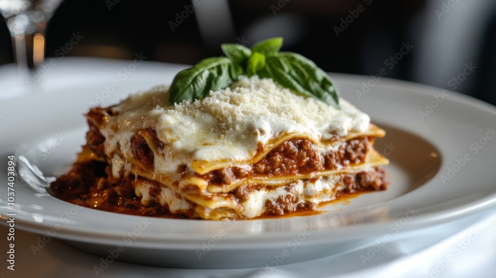 A mouthwatering plate of Italian lasagna, layers of pasta, Bolognese sauce A mouthwatering plate of Italian lasagna, layers of pasta, Bolognese sauce