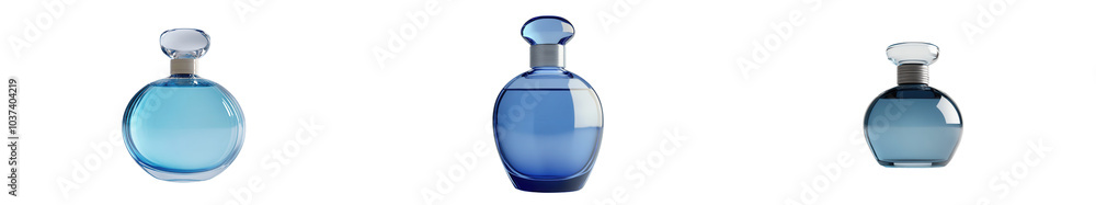 Three elegant blue glass bottles, each uniquely shaped, displayed against a dark background, highlighting their sophisticated designs. Three elegant blue glass bottles, each uniquely shaped, displayed against a dark background, highlighting their sophisticated designs.
