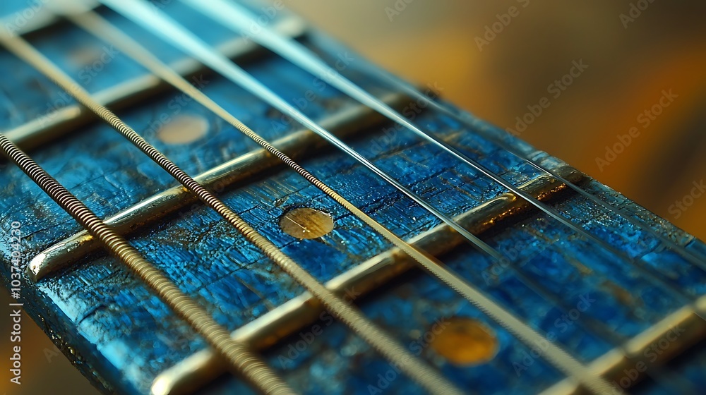 A close-up view of a guitar neck, highlighting the fretboard's intricate details and vibrant colors. A close-up view of a guitar neck, highlighting the fretboard's intricate details and vibrant colors.