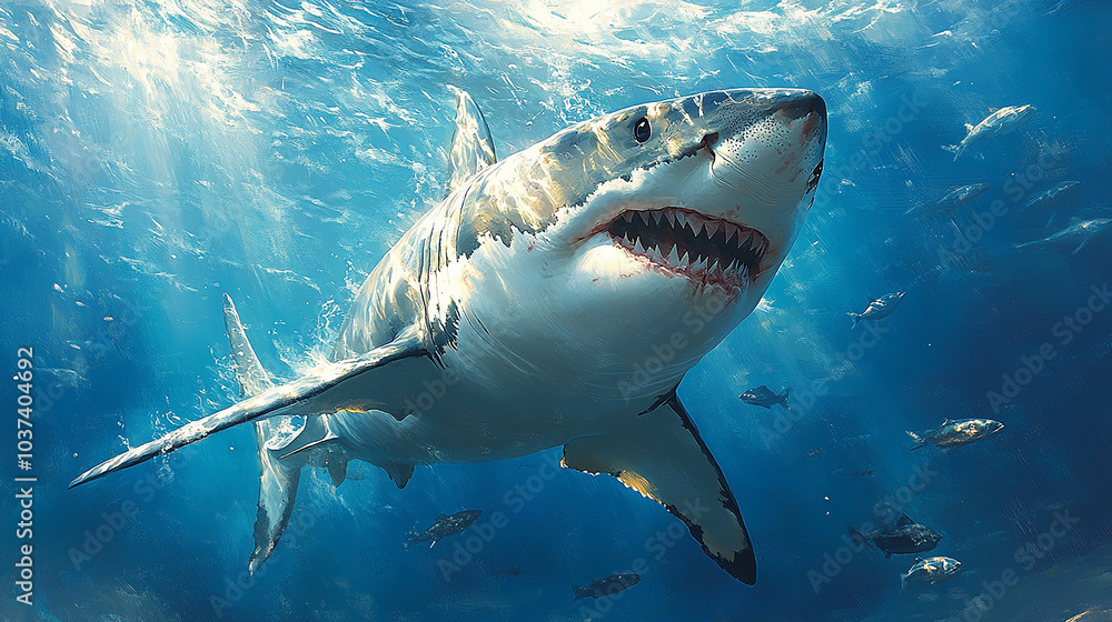 Fototapeta premium A large white shark is in the ocean, with other fish visible.