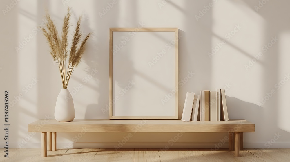 A minimalist interior with a blank picture frame, a white vase filled with dried grasses, and books resting on a wooden bench. A minimalist interior with a blank picture frame, a white vase filled with dried grasses, and books resting on a wooden bench.