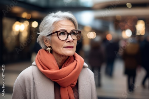 Beautiful senior woman in eyeglasses looking away in shopping center