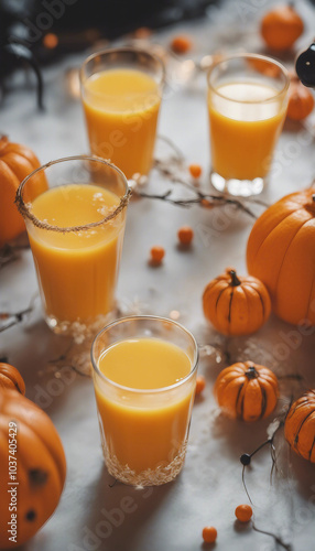 Vertical shot of orange juice with decorations for Halloween party