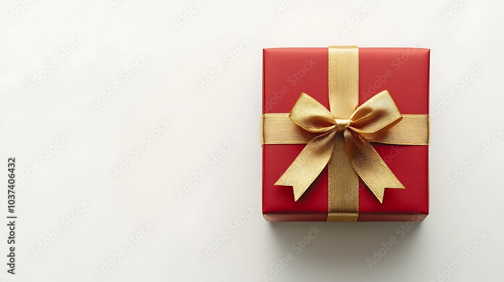 Red gift box with a gold ribbon tied in a bow, isolated on a white background
