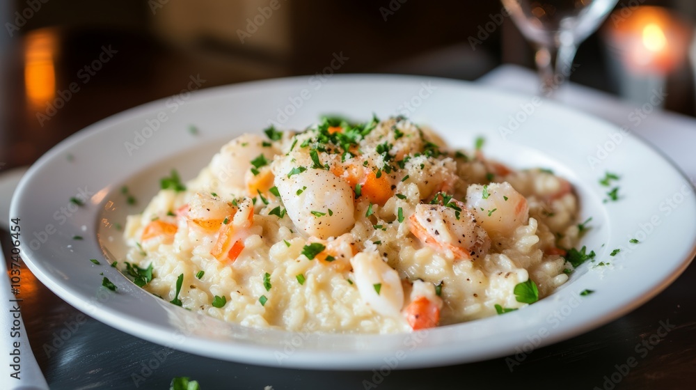 A mouthwatering plate of Italian risotto ai frutti di mare, creamy risotto cooked with mixed seafood, garlic A mouthwatering plate of Italian risotto ai frutti di mare, creamy risotto cooked with mixed seafood, garlic