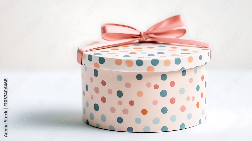 Round gift box with a polka dot pattern and a ribbon tied around it, on a white background Round gift box with a polka dot pattern and a ribbon tied around it, on a white background
