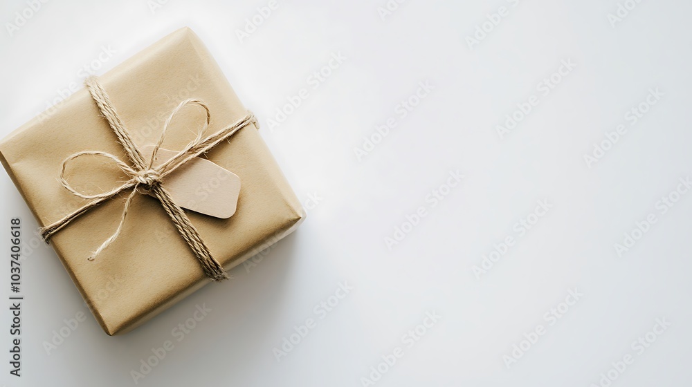Simple kraft gift box with twine and a small tag, lying on a white background Simple kraft gift box with twine and a small tag, lying on a white background