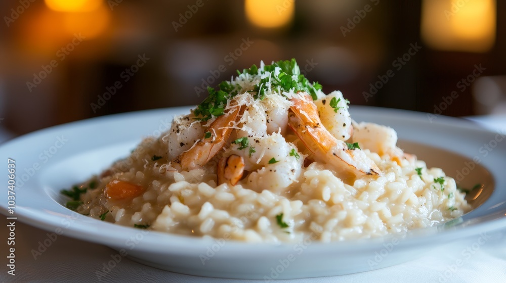 A mouthwatering plate of Italian risotto ai frutti di mare, creamy risotto cooked with mixed seafood, garlic