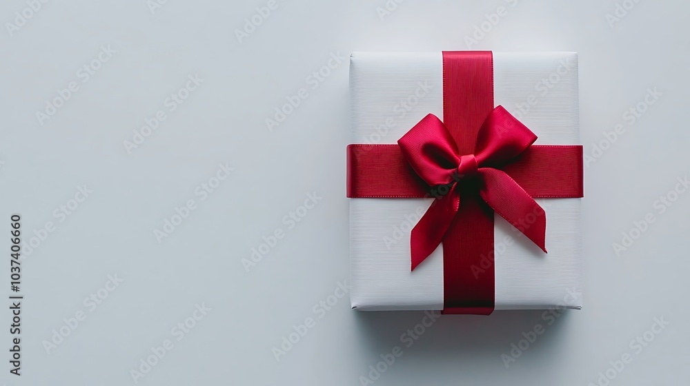 Simple white gift box with a red ribbon, neatly tied on a white background Simple white gift box with a red ribbon, neatly tied on a white background