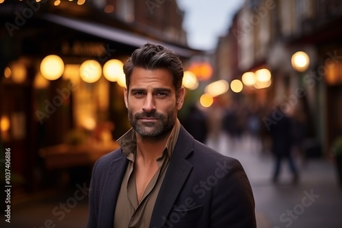 Portrait of a handsome young man in a city street at night