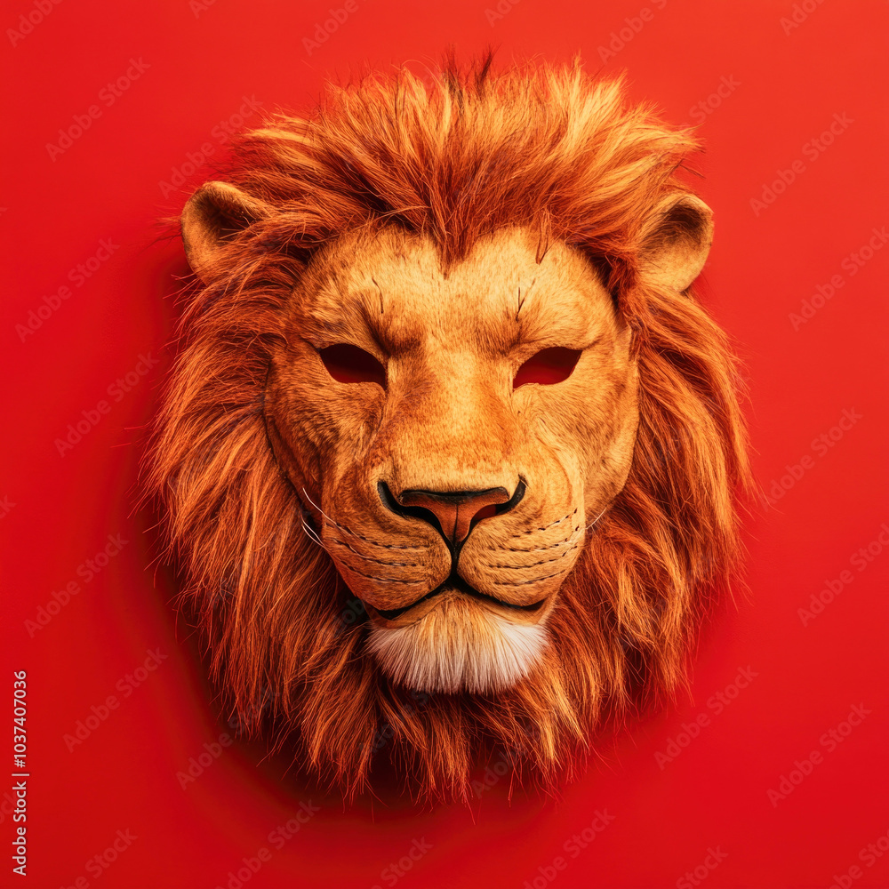Furry half mask of a lion displayed against a vibrant red background showcasing quadrobics subculture elements Furry half mask of a lion displayed against a vibrant red background showcasing quadrobics subculture elements