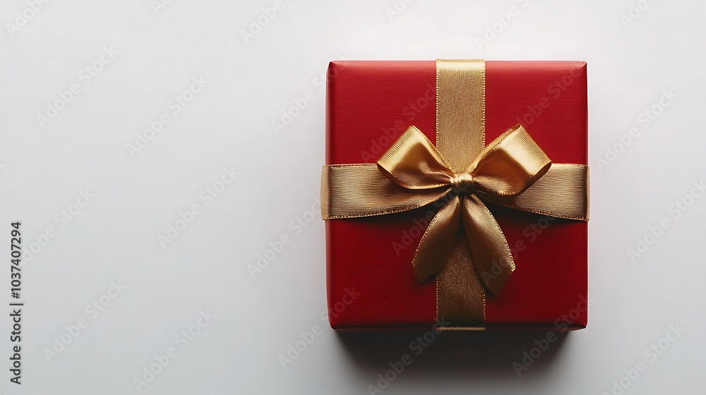 Close-up of a red gift box with a gold ribbon bow, shot from above on a white background Close-up of a red gift box with a gold ribbon bow, shot from above on a white background
