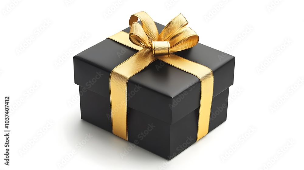 Elegant black gift box with a gold ribbon, centered on a white background Elegant black gift box with a gold ribbon, centered on a white background
