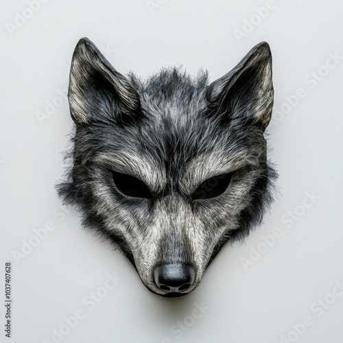 Furry wolf half mask displayed against a white background representing the subculture of quadrobics photo