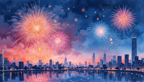 Vibrant Fireworks Display over City Skyline Reflected in Water at Night 