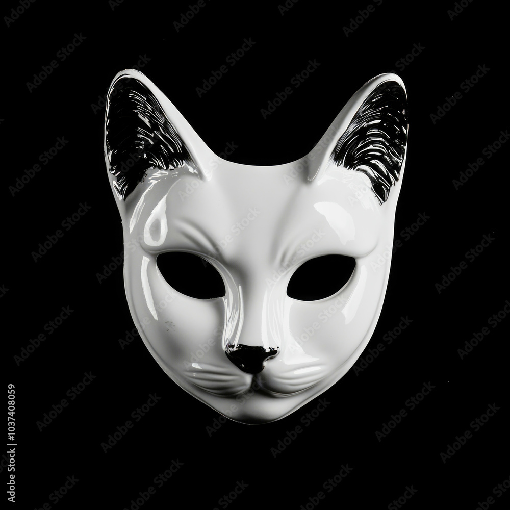 Half mask of a white cat showcased against a black background representing quadrobics subculture Half mask of a white cat showcased against a black background representing quadrobics subculture