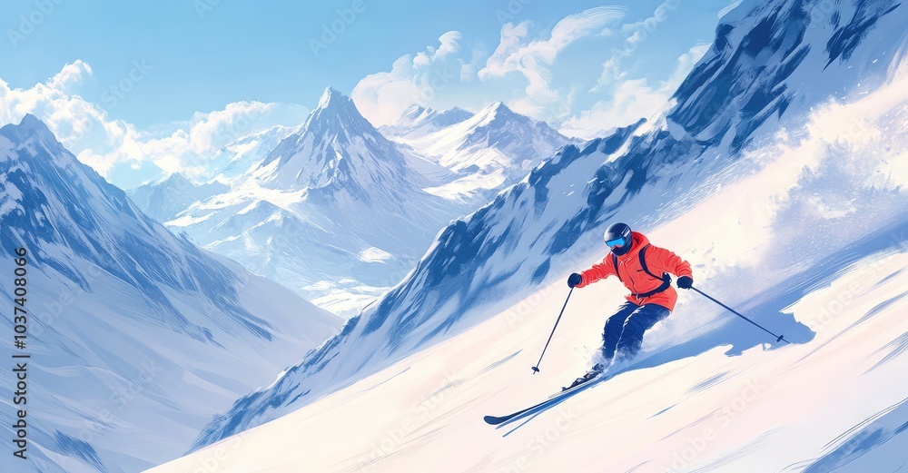 Skier skiing downhill in high mountains. AI generated illustration.