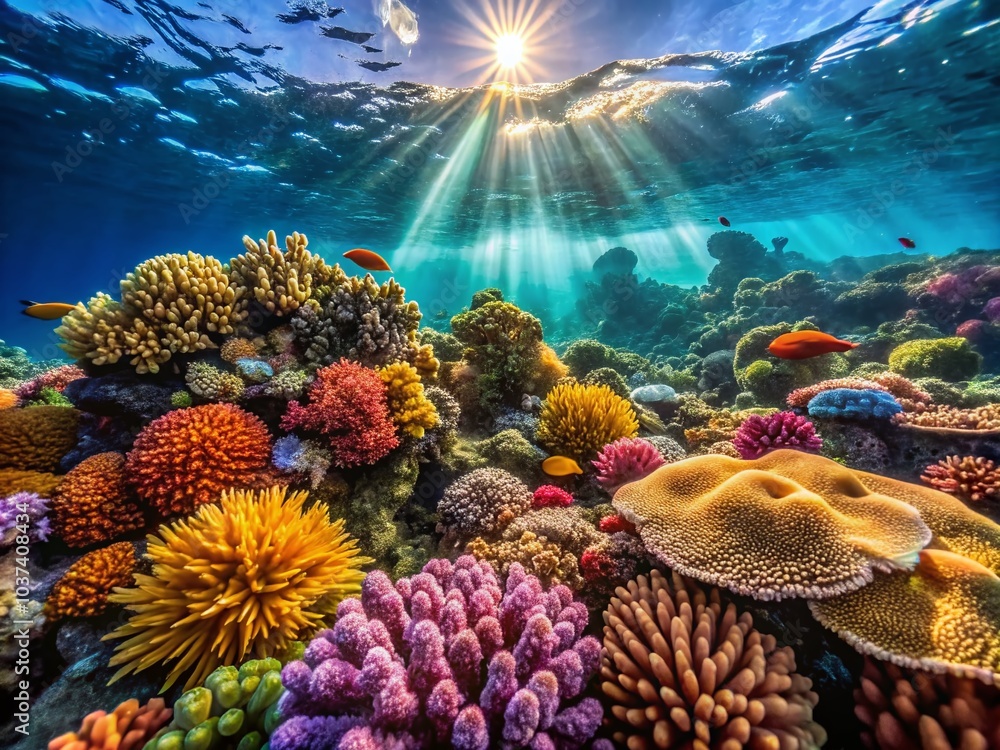 Obraz premium Vibrant Coral Reef Thriving on Ocean Floor in Crystal Blue Waters