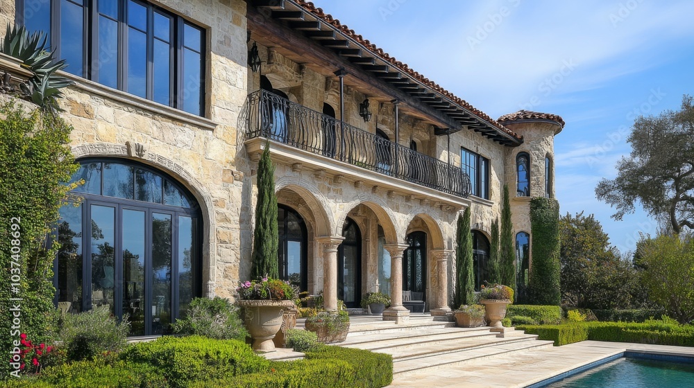 Fototapeta premium Elegant Stone House with Pool and Lush Landscape