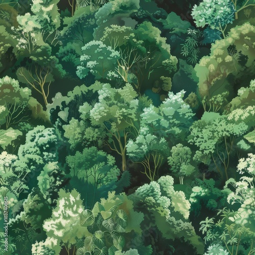 Lush Green Canopy of Trees in a Dense Forest Illustration.