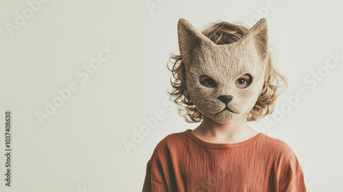 A little boy in a half cat-head mask stands in a bright studio with soft lighting and ample copy space photo