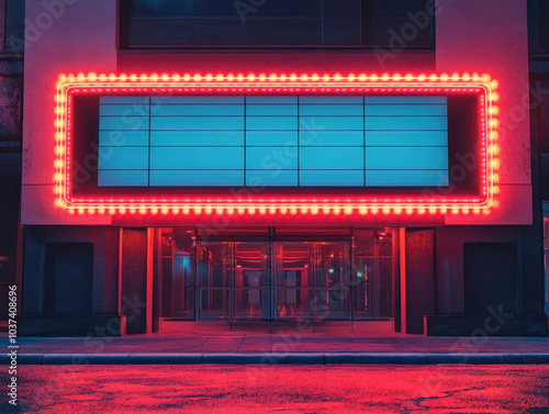 A theater exterior featuring bright neon lights and a large blank marquee, creating an inviting atmosphere for guests.