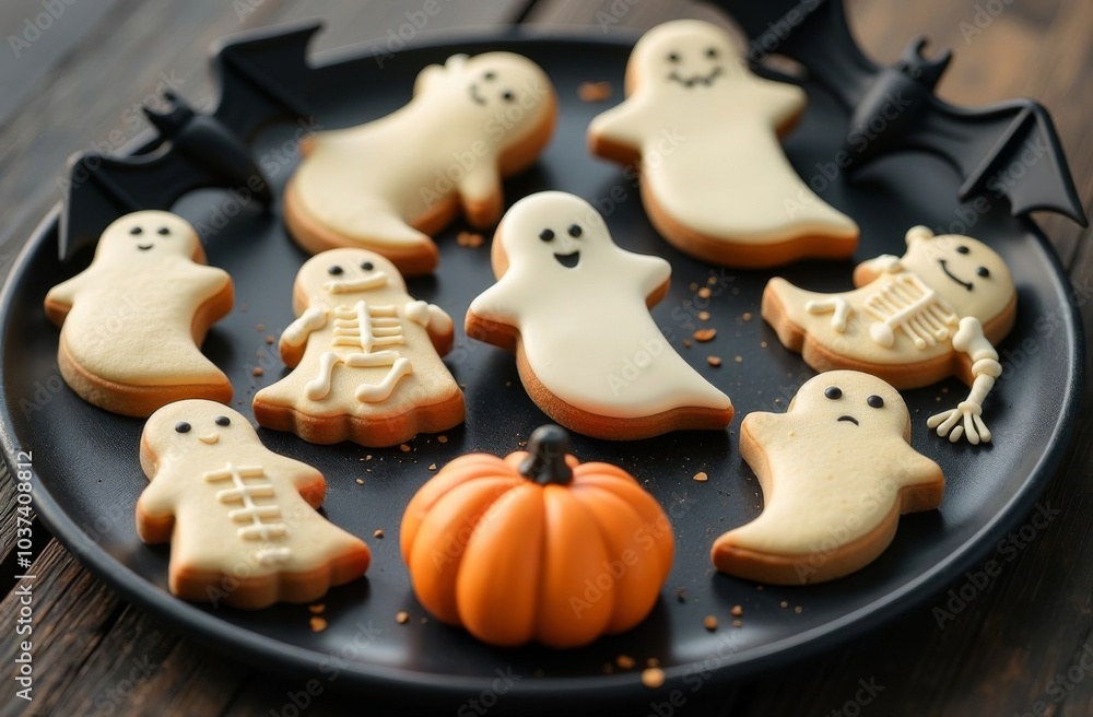 Obraz premium Halloween cookies in the form of pumpkins, ghosts, skeletons, bats on a black wooden table, handmade