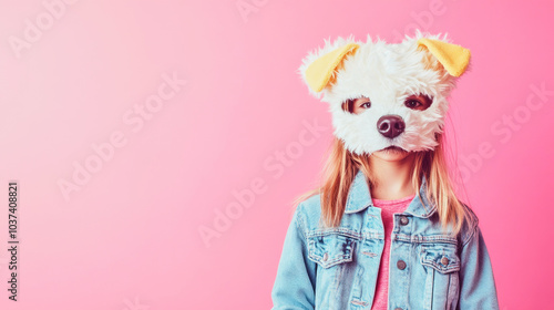 A little girl wearing a furry dog-head mask in front of a pink background, showcasing a playful subculture style