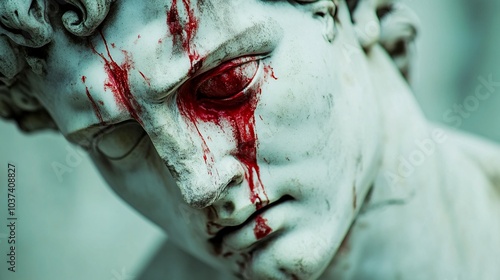 A Close-Up of a Bloody, Weathered Marble Statue